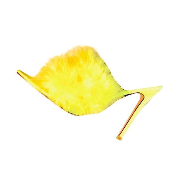 Neon Yellow Feather Point Toe Stiletto Sandals - Picture 5 of 5